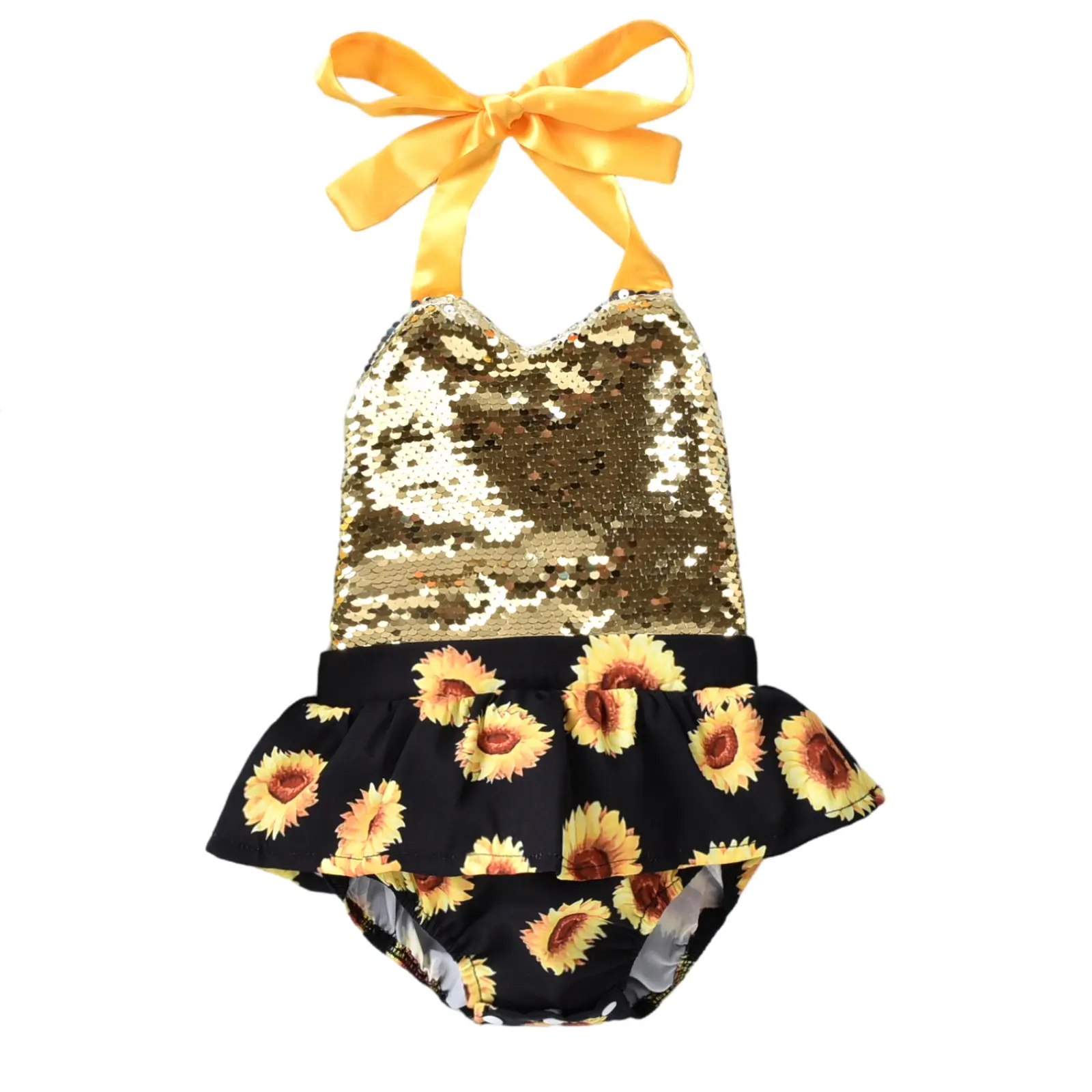 Newborn Infant Baby Girl Sleeveless Hanging Neck Romper Sequins Floral Onesie Bodysuit Sunsuit Summer Clothes