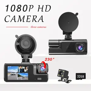 1080P Three Lens Car Dash Cam with Infrared Night Vision, Wide-Angle Lens, 32GB SD Card, Loop Recording & Dashboard Mount