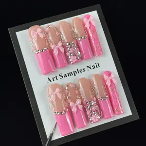 10pcs high-end Pink girl style, hand-painted three-dimensional engraved patterns, bow, Rhinestone embellished, cluster of diamonds handmade fake nails, Suitable for sister gatherings, romantic dates, Valentine's Day events