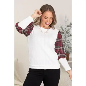 Textured Knit Tops With Plaid Long Sleeves