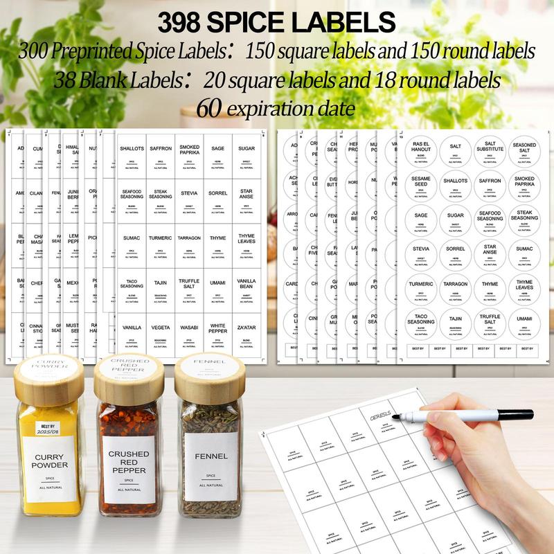 Spice Label Sticker, 398pcs/14 Sheets Waterproof Oil & Tear Resistant Spice Sticker, Including Square Round Preprinted Spice Label & Blank, Date Labels, Adhesive Stickers