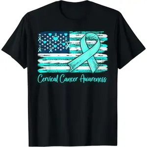 100% Cotton Cervical Cancer Awareness Month US Flag Funny Mothers Day Gift T-Shirt|Outdoor sports casual cotton unisex Tee
