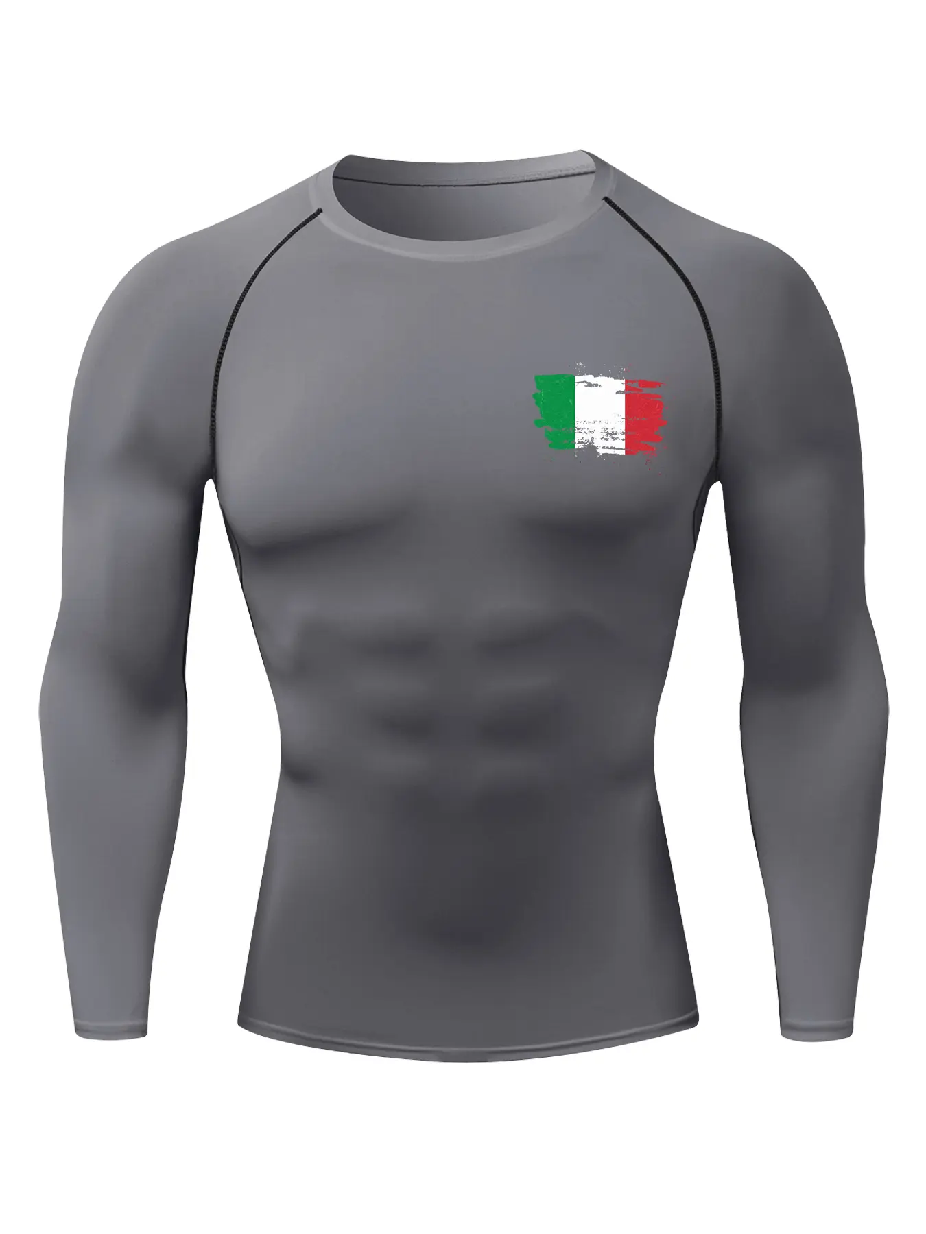 Italian Flag Graphic Print Long Sleeve Compression Shirt for Men, Gym Workout Fitness Training Running Tight-Fit T-Shirt, Athletic Quick-Dry Stretchy Baselayers Undershirts Top, Spring & Fall Sportswear Activewear