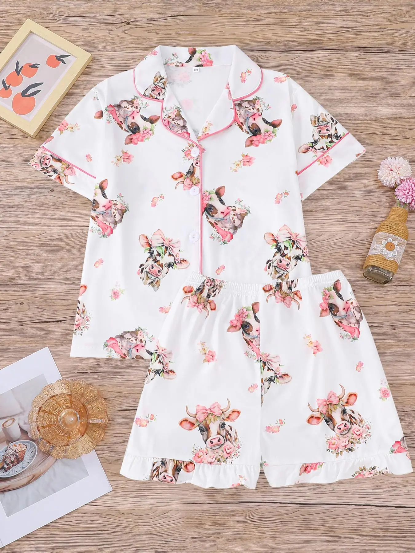 Girl's Cow Print Top & Pants Pyjama Two-piece Set, Cute Comfy Short Sleeve Top & Trousers Pj Set, Kids Casual Comfy Pajama Sleepwear for Summer, Pajam