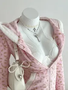 Women's Leopard Print Hooded Sweatshirt Jacket, Soft Wool-Lined Fitted Zipper Coat, Casual Fall Winter Outerwear, Back to School Home Wear, Womenswear