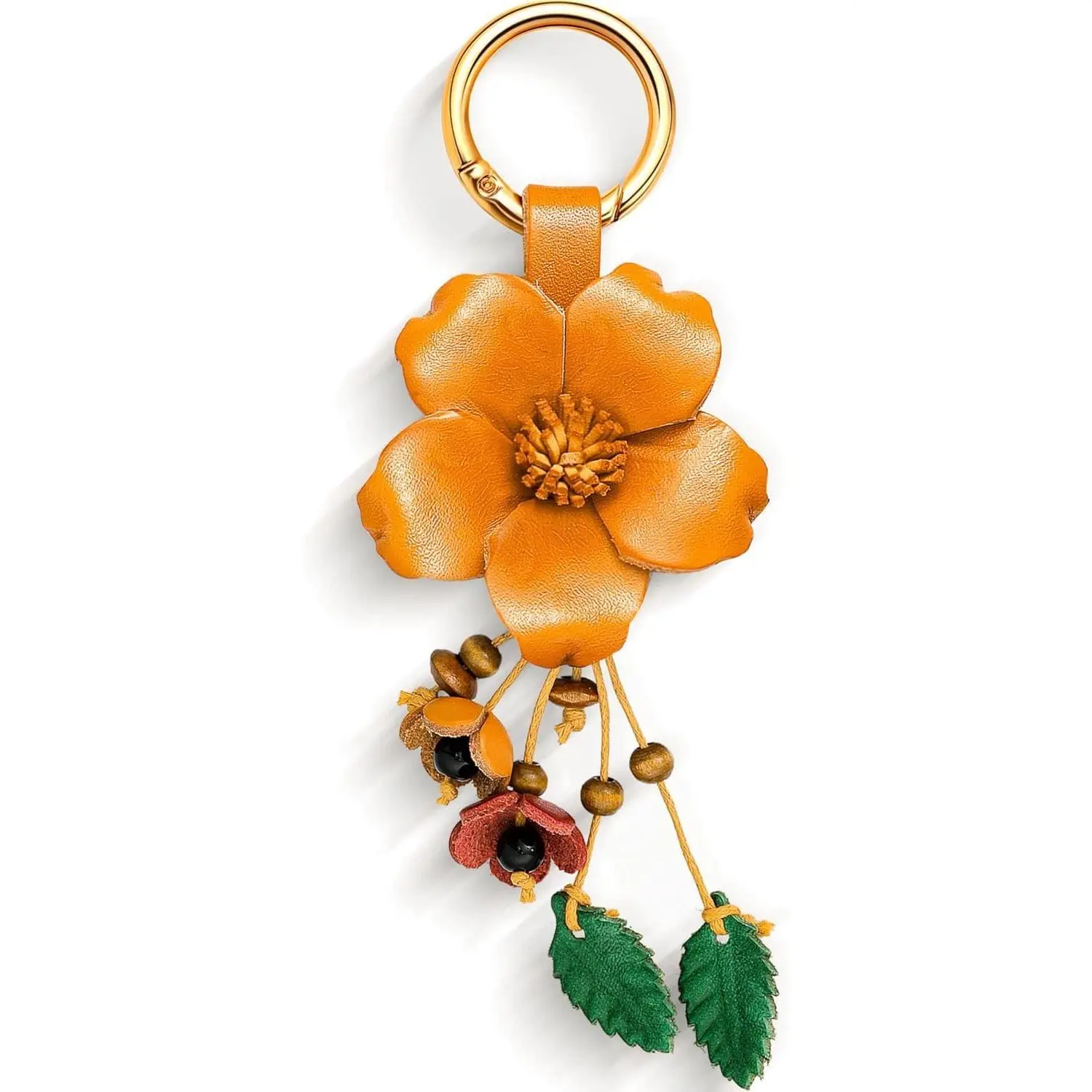 Boho Leather Flower Keychain for Women, 6" Long Lightweight Purse Charm with Leaf Tassel and Durable D-Shape Ring for Daily Casual Use