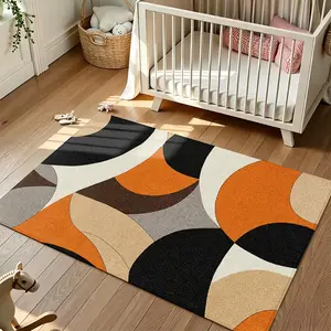 Burnt Orange Beige Black Abstract Geometric Crystal Velvet Area Rug Non‑Slip Kids Room Rug#AbstractGeometricRug #KidsRoomDecor #BurntOrangeBeigeBlackRug #ContemporaryPatternCarpet #CrystalVelvetRug