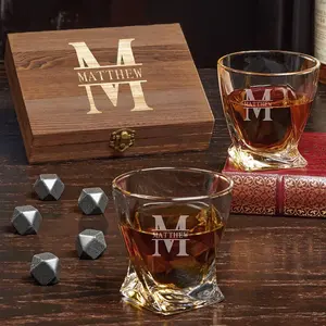 HomeWetBar Personalized Twist Whiskey Glasses Gift Set with Black Onyx Whiskey Stones, 10.25oz Personalized Whisky Glass