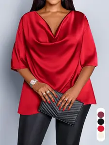 Women's Summer Casual Elegant Solid Color Blouse, Large Size Loose-Fitting Short Sleeve Shirt, Daily Wear Everyday Commute Versatile Top, Womenswear