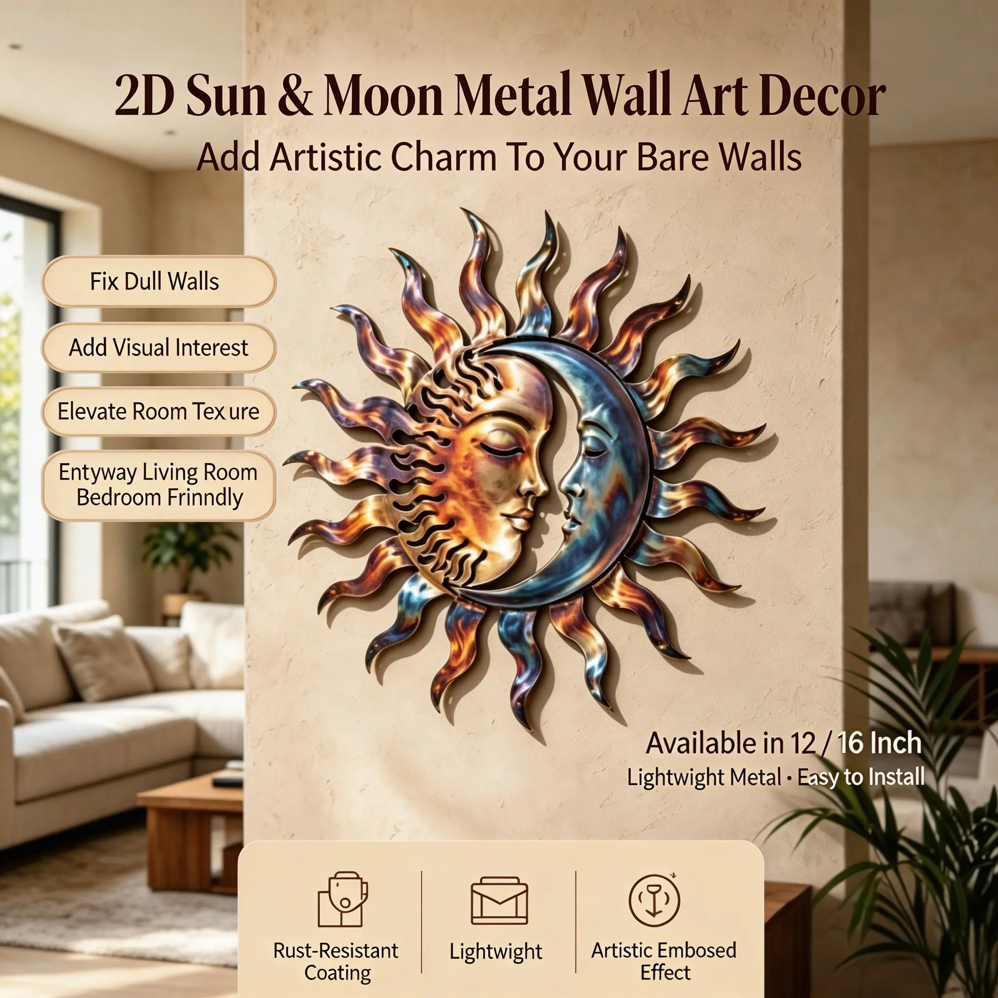 Flame-Engraved Gradient Metal Wall Sculpture with Starry Face Cutout & Limited Color Palette - Modern Gold Feminine Bohemian Hanging Home Decor for Living Room, Patio - Teacher Door Hanger, Chic Accent