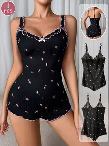 Women's Sexy Slim-Fit One-Piece Pajamas, Soft Comfortable Striped Design with Bow Lace Trim, All-Season Home Wear Sleepwear