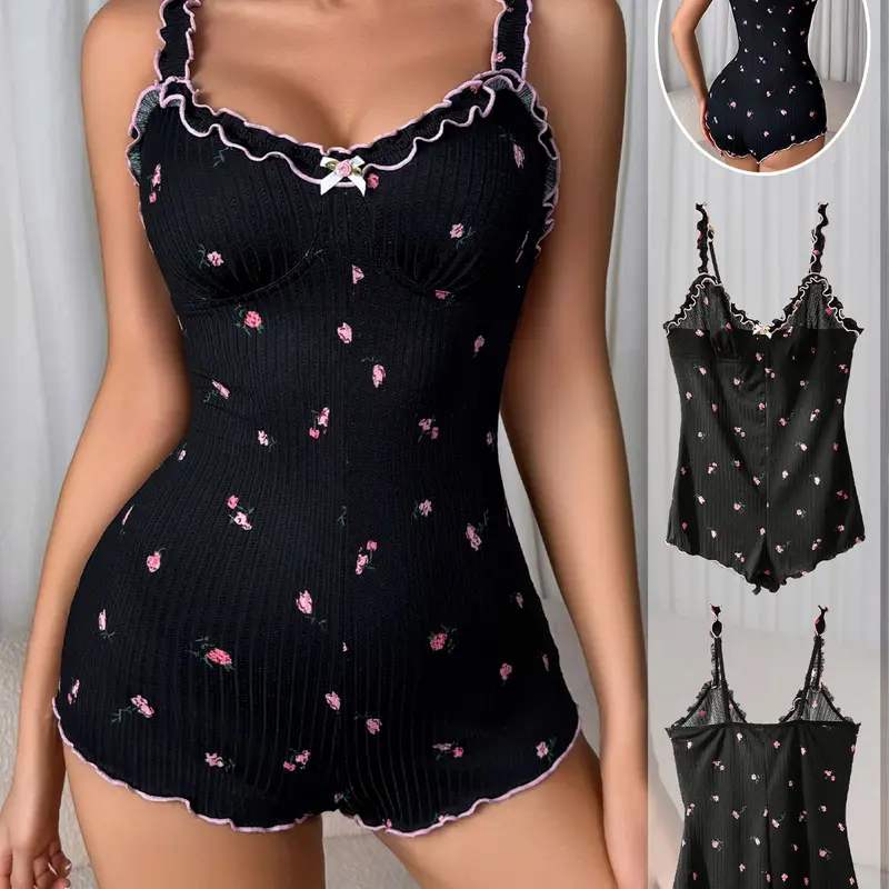 Women's Sexy Slim-Fit Spaghetti Strap One-Piece Pajamas Pj Onesie, Pajama Onesies, Soft Comfortable Striped Design with Bow Lace Trim, All-Season Home Wear Sleepwear, Fashion Sleepwear, Floral, Soft Stretchy Homewear