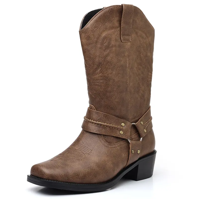 Men’s Western Cowboy Boots – Vintage Brown Buckle Work Boots, Square Toe Mid-Calf Knight Boots, Vintage Casual Work Boots, suitable for everyday and outdoor wear