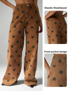Women's Casual High-Waisted Polka Dot Jeans, Loose-Fitting Wide Leg Long Pants, Fashionable Daily Wear, All Seasons Denim Clothing