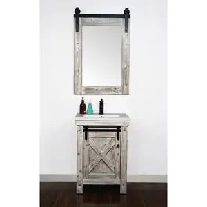 212 MAIN 24 in. Rustic Solid Fir Wood Barn Door Look Bathroom Vanity, White Wash Finish, Ceramic Sink, Pre-Drilled Hole, Wooden Base, No Faucet, 24x34x18.5 in., Rustic Charm