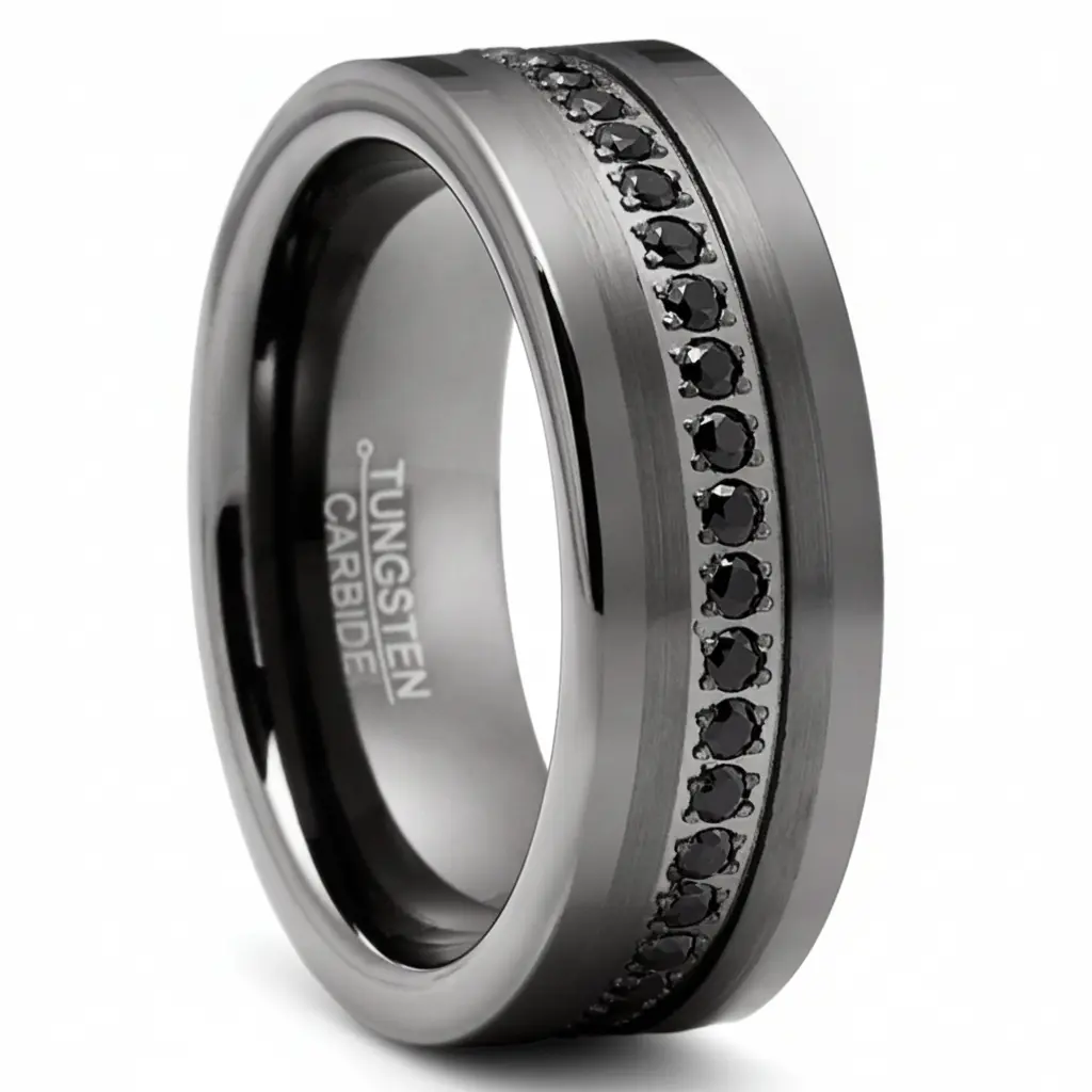 Men's Tungsten Wedding Band Eternity Ring Gunmetal Cubic Zirconia Comfort-Fit 8MM