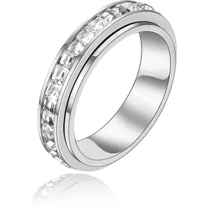 Sparkly Anxiety Ring for Women & Men Titanium Steel Spinner Fidget Ring for ADHD Stress Relief CZ Inlaid Spinning Band Size 5-12