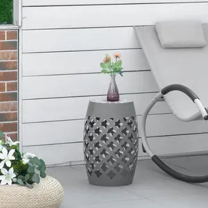 12" Gray Outdoor Mosaic Accent Side Table - Patio Round Drum-Style Table with Hollow-Carved Design, Multi-Functional Footstool & Plant Stand