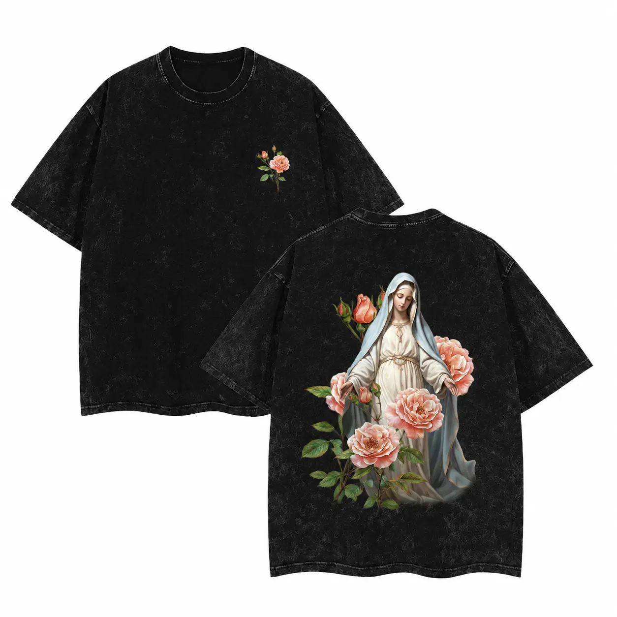 Men's Vintage Cotton Distressed Fabric Short-Sleeve T-Shirt - Fashion Menswear Clothes, Virgin Mary Print, Wrinkle-Resistant Oversized Casual Top for Festive Wear, Fitness Activities, Shortsleeve, Breathable