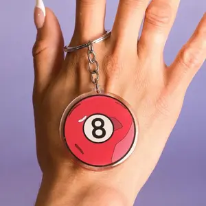 Red 8 Pool Ball Acrylic Keychain Clear Acrylic Epoxy Finish Silver Split Ring Four Chains Perfect Gift for Pool Lovers Gamers Collectors