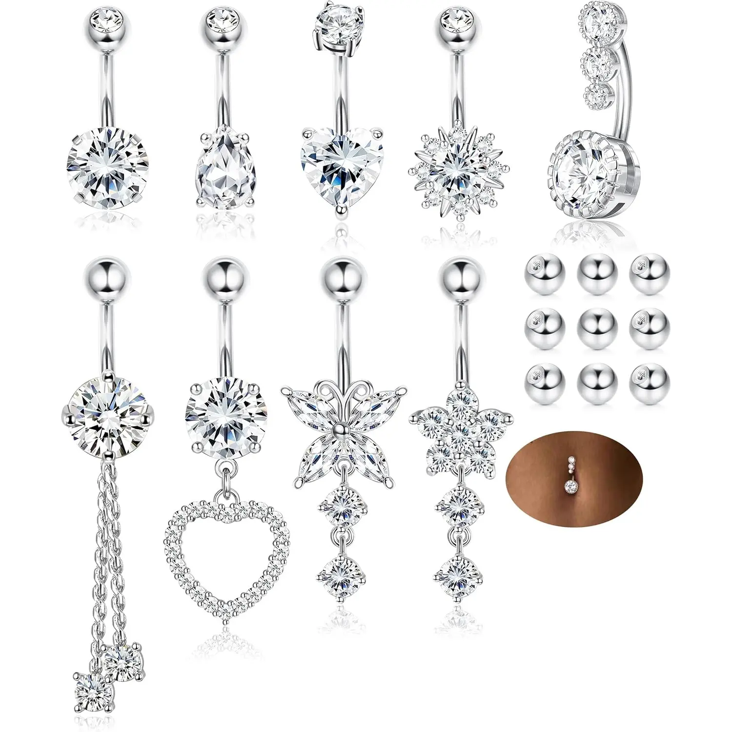 ZELORES Women's 9-10PCS 14G Surgical Stainless Steel Belly Button Rings, Fringe & Rhinestone Accents, Easy-Unscrew Extra Balls, Casual Dangle Body Jewelry - Silver/14 Gold/Rose Gold Plated