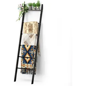 6-Tier Blanket Ladder for Living Room, Blanket Quilt Ladder Rack Rustic Decorative Towel Holder, Wall Leaning Blanket Ladder Shelf Storage Farmhouse Decor for Bedroom Bathroom, Black