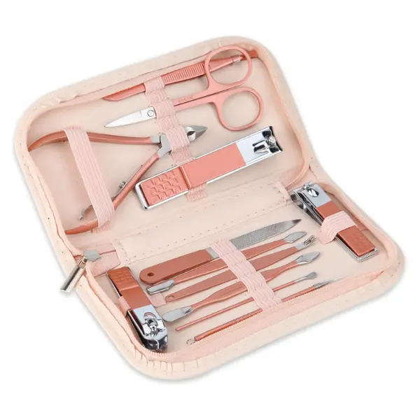 Nail Clippers & Beauty Tool Portable Set, Rose Gold Manicure Set, 12 in 1. | Martensitic Stainless Steel, Pink Leather Bag, Suitable for Home, Workplace, Outdoor Travel, Gift Giving, Salon.