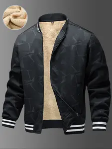 Men's Casual Jacket with Baseball Collar, Geometric Print, Zipper Closure, Warm Fleece Lining, Fall & Winter Fashion Outerwear, Fuzzy Sherpa Fleece