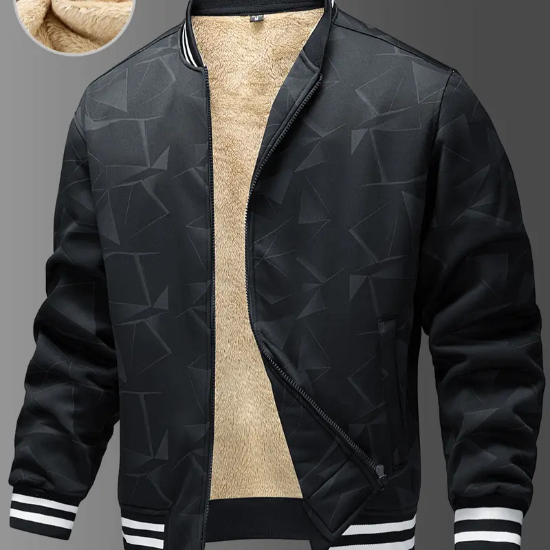 Men's Casual Jacket with Baseball Collar, Geometric Print, Zipper Closure, Warm Fleece Lining, Fall & Winter Fashion Outerwear, Fuzzy Sherpa Fleece