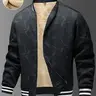 Men's Casual Jacket with Baseball Collar, Geometric Print, Zipper Closure, Warm Fleece Lining, Fall & Winter Fashion Outerwear, Fuzzy Sherpa Fleece