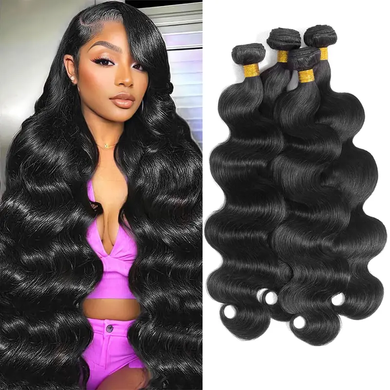 Vinisay Female 12A Grade 100% Brazilian Virgin Bundles of Human Hair, 4 Pcs 12-30 Inch Tight Body Wave Hair Extension Styles, Tangle-Resistant Neat Soft Double Weft Unprocessed Natural Black Extensions