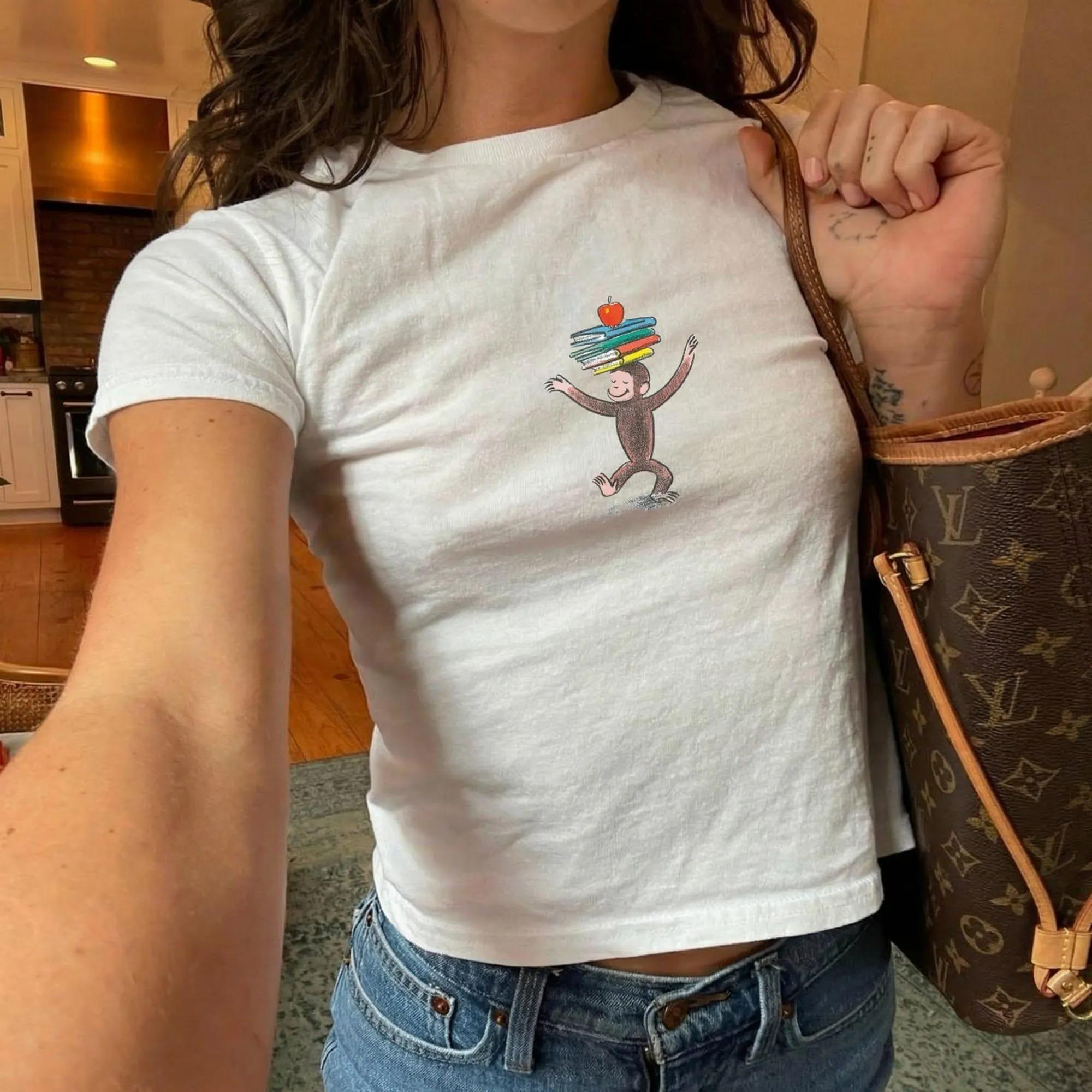 Curious George Book Stack Baby Tee, Vintage Monkey Smart Graphic Crop Top, Cute 90s Aesthetic Tee, Preppy Smart Academic Girl Tee