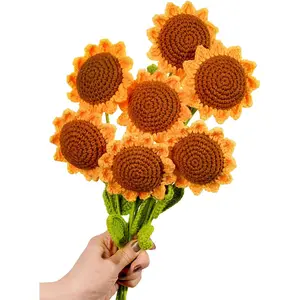 Wishwell Pop 7 PCS Crochet Sunflower, DIY Knitted Sunflower Bouquet, Sunflower Crochet for Mother's Day, Birthday Gift, Home Wedding Party Office Table Centerpieces