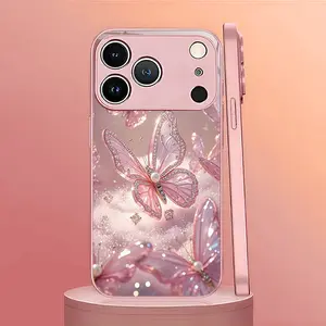 Phone Case: Pink Glitter Butterfly Pattern, Pink Metallic Paint Glass Phone Case, Suitable for iPhone 17/17 Air/17 Pro/17 Pro Max/16/15/14/13/12/11 Plus Pro Max. Fashionable and Elegant, Perfect for Gifting. Elegant Protective Case, Fashion Accessory, Shi