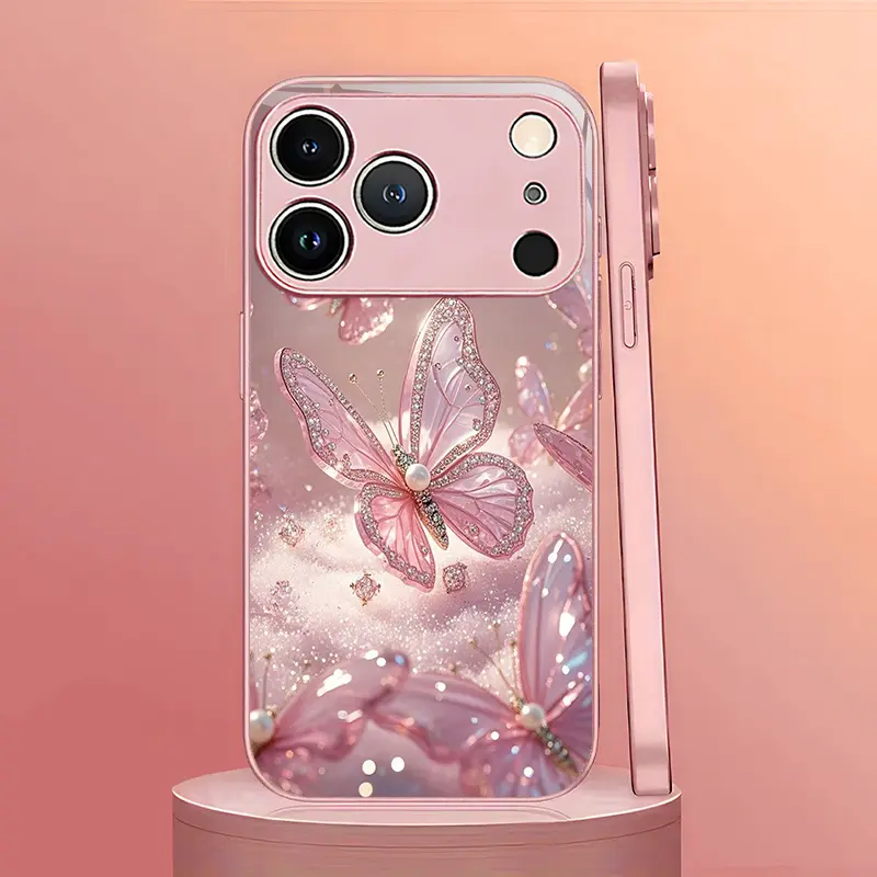 Phone Case: Pink Glitter Butterfly Pattern, Pink Metallic Paint Glass Phone Case, Suitable for iPhone 17/17 Air/17 Pro/17 Pro Max/16/15/14/13/12/11 Plus Pro Max. Fashionable and Elegant, Perfect for Gifting. Elegant Protective Case, Fashion Accessory, Shi