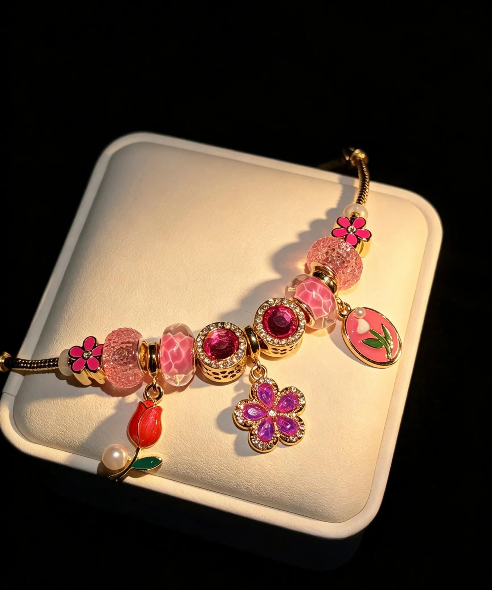 Women's Fuchsia Pink Floral Charm Beaded Bangle - Gold-Plated Chain, Tulip & Crystal Beads, 16.9" Length, Elegant Look Everyday Wear Fashion Jewelry Gift, Bangle Style