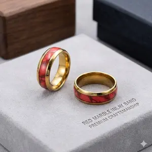 8mm Gold Stainless Steel Red Pattern Ring Unisex Waterproof Band Ring