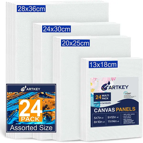 Canvas Panels 24-Pack 5x7, 8x10, 9x12, 11x14 Inch, 10 oz Primed 100% Cotton Canvases for Painting, White Blank Flat Canvas Boards for Oil Acrylics Watercolor Tempera Paint