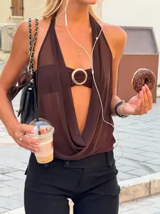 Backless Halter Top Transparent Mesh Outerwear Metal Ring Decoration Casual Daily Wear, Women's Fashionable Backless Design Classy Tops