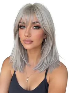 14 Inch Bobo Bangs Straight Synthetic Hair Wig, Natural Comfortable Wear, Easy Maintenance, Suitable for All Ages, Straight Synthetic Wigs, Natural Looking Wigs