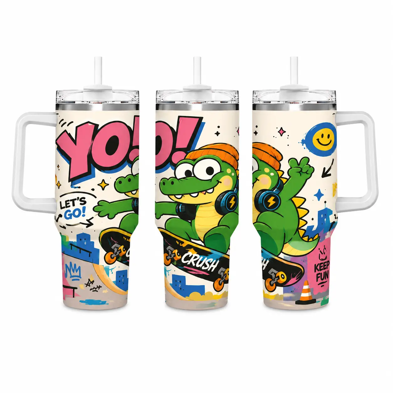 40oz (1,000-2,000 ml) Stainless Steel Insulated Skateboarding Crocodile Tumbler - Portable, Stylish Graffiti Street Style Water Bottle with Handle, Straw, Cup Holder Friendly for Gym, Travel, Keeps Cold/Hot for Hours