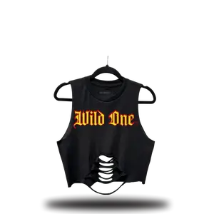 TheDriveClothing WILD ONE Black Road Rash Mid Spine Crop Top – Y2K Streetwear Unisex Summer Outfit, Graphic Crop Tee with Yellow & Red Print, Casual Festival, Gym, Layered Bold Fashion