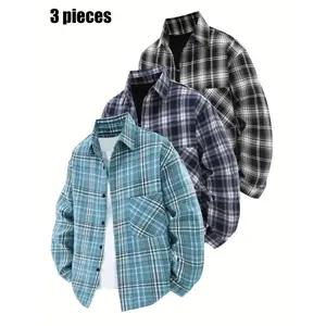 3pcs Men'S Plaid Shirt Set - Casual Loose Fit Button-Up Shirts with Collar, Long Sleeves, and Chest Pockets for Spring/Fall Outdoor Wear, Versatile Fashionable Outerwear, Spring Fall Attire |     Classic Collar Design |     Nonstretch Fabric