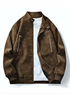 Men's Solid Color Zipper Bomber Jacket, Casual Fitted Jackets, Regular Fit Casual Retro Long Sleeve Outerwear for Spring & Fall, Fashion Men's Clothes for Daily Wear, Zippered Jacket