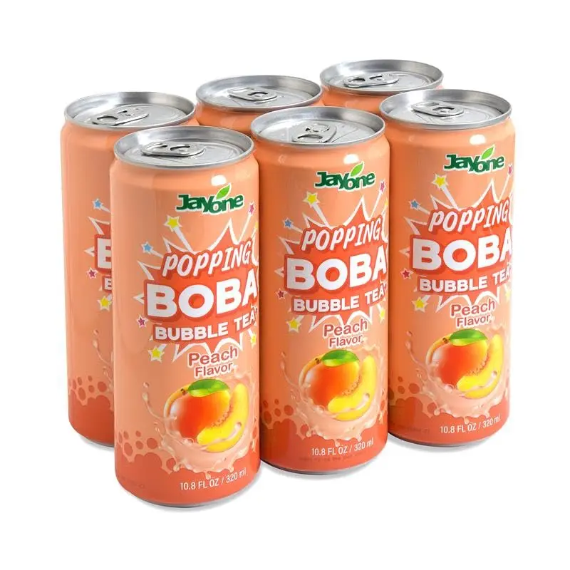 Jayone Popping Boba Bubble Tea Peach Flavor, 6 Pack, 10.8 fl oz Cans, Ready-to-Drink Black Tea with Popping Boba