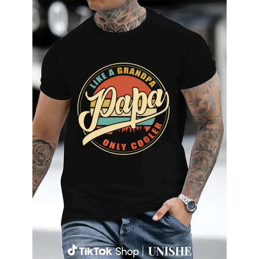 Men's Short-Sleeve Pure Cotton Tops with Grandpa Sunset Graphic - Chic Garment with Photorealistic Digital Transfers, Retro Grandpa Print, Cute, Loose-Fit
