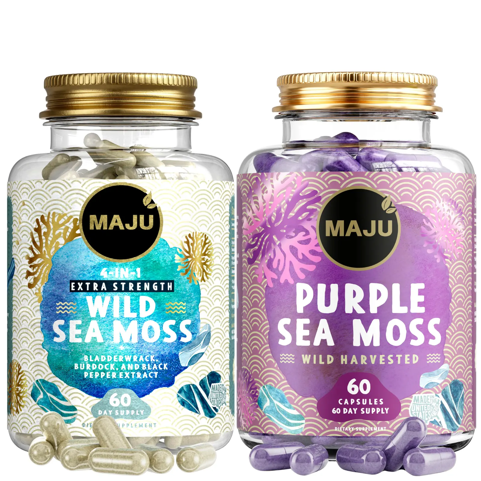 Limited Reserve Sea Moss Bundle - Golden Sea Moss (60ct) & Purple Chondrus Crispus Capsules (60ct), Edible Dietary Healthcare, Mineral Support