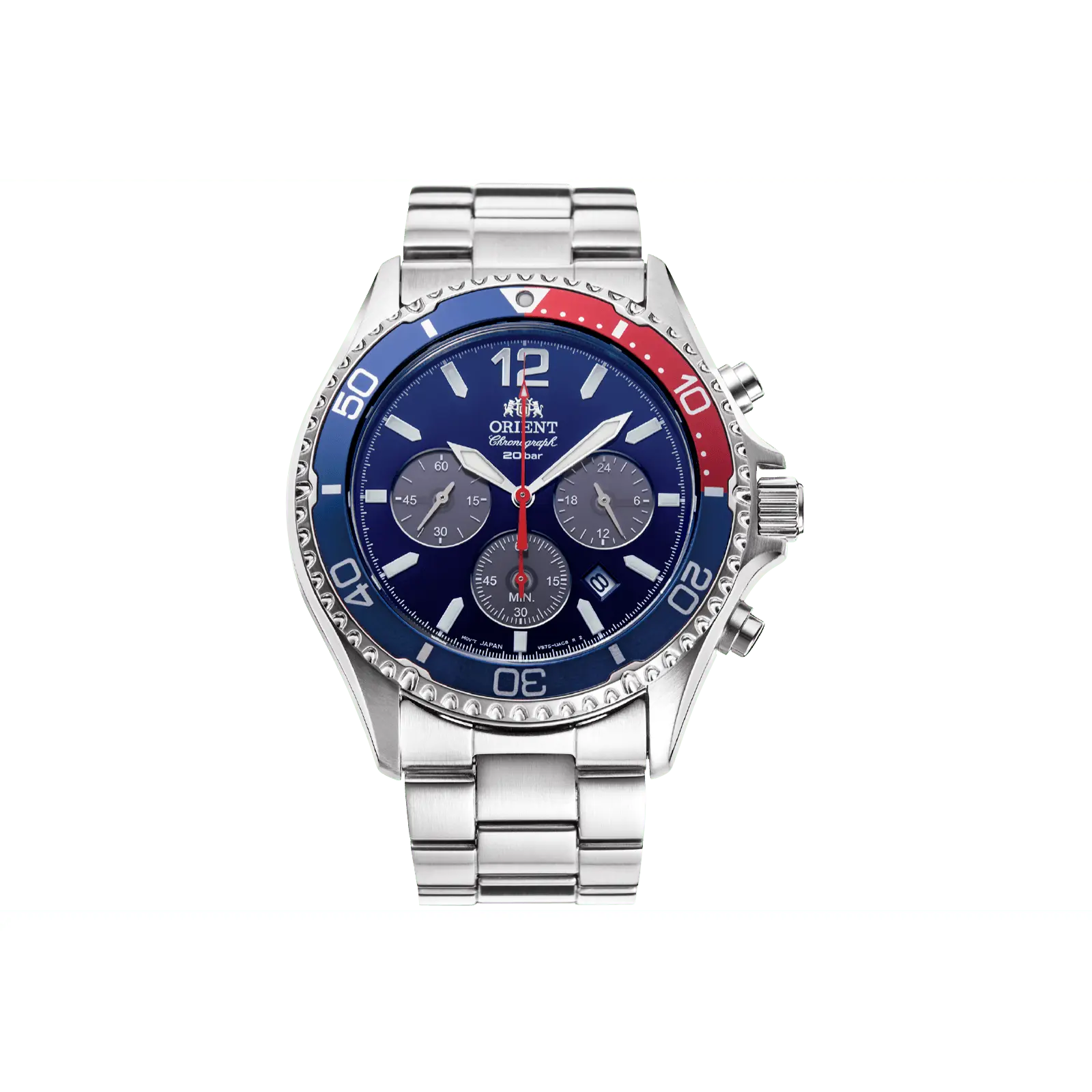 Orient Men's Analog Sports Chronograph Watch - Stainless Steel Design, Solar Quartz Movement, Blue Dial, Sapphire Crystal, 42.8mm Case, RA-TX0201L10B, Multifunction Wristwatch, Analog Watch, Date, Round Watch Face