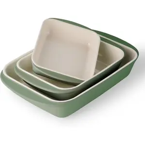Mae 3-Piece Porcelain Baking Pans Set, Non Stick for Oven, Rectangular for Lasagna, Cakes and Loafs (Cactus)