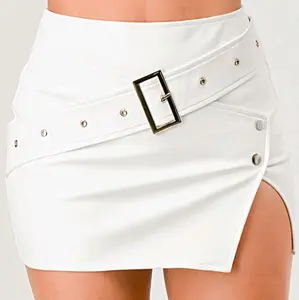 Leather-effect Miniskirt with Buckle Detail and Side Slit White Fashion Skirt